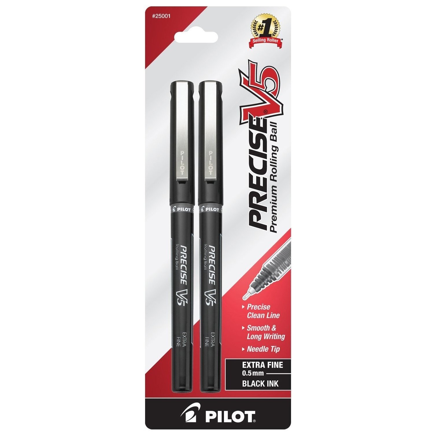 PILOT Precise V5 Stick - Bolígrafos de tinta líquida con punta extrafina (0.5 mm), tinta negra, paquete de 2